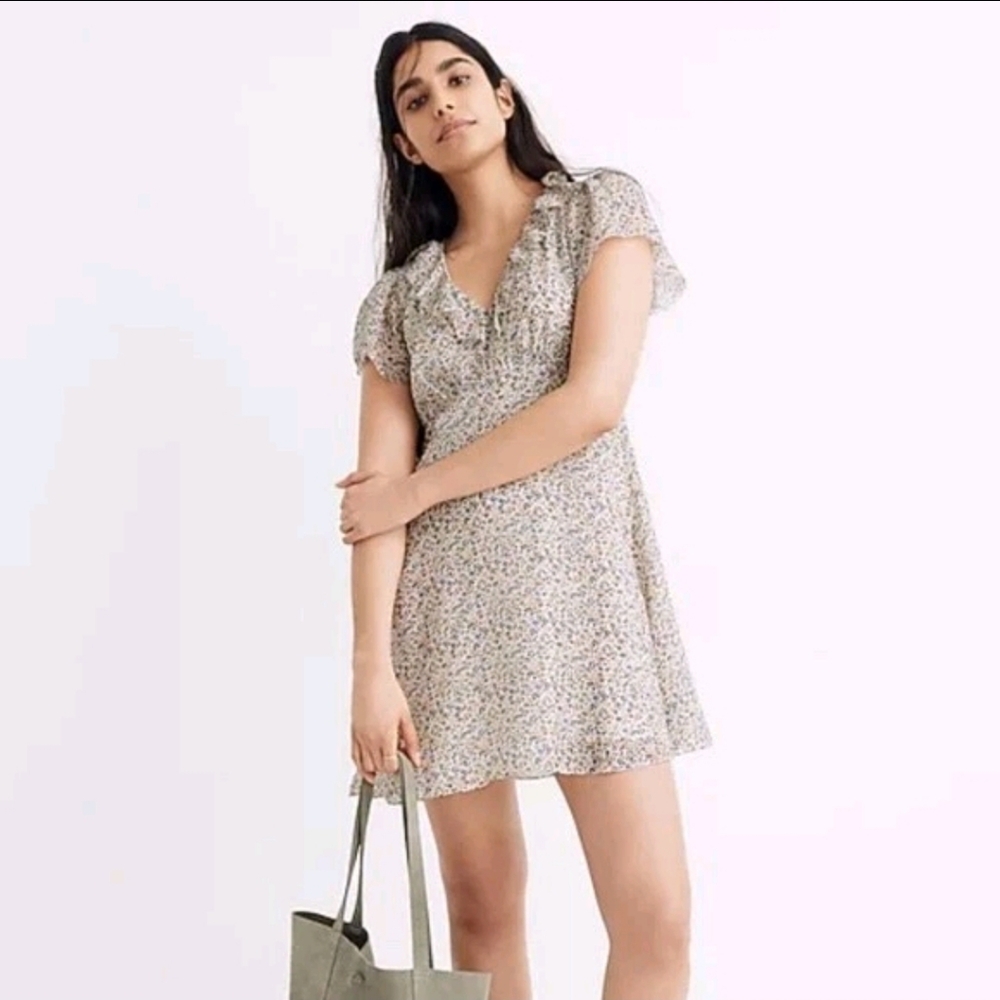 Madewell Silk Ditsy Floral Ruffle Neck Mini Dress Sz. 8 Cottage Babydoll Dainty
